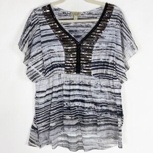ONE World Sequin Embellished Butterfly Short Sleeve Cinched Waist Abstract Top